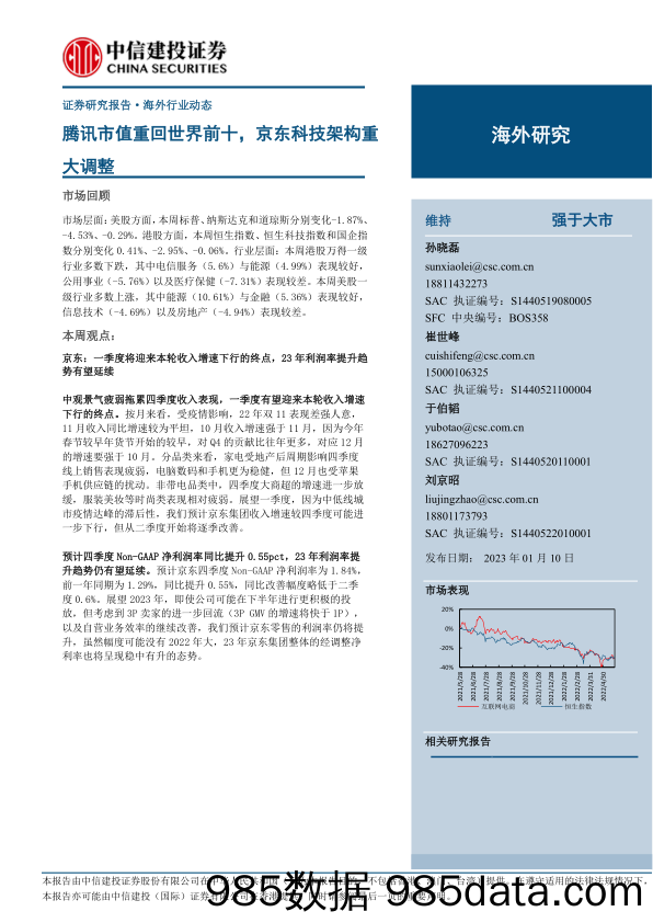 互联网电商行业：腾讯市值重回世界前十，京东科技架构重大调整-20230110-中信建投