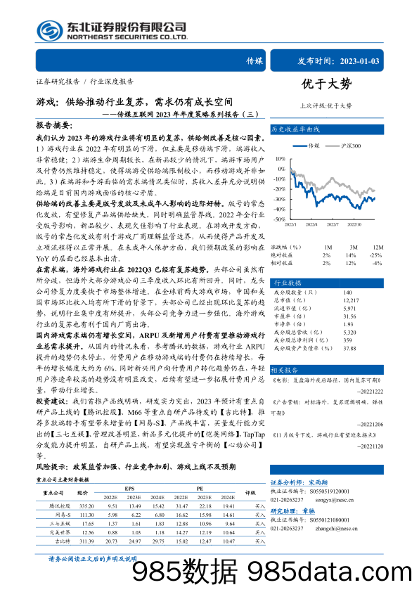 传媒互联网行业2023年年度策略系列报告（三）：游戏，供给推动行业复苏，需求仍有成长空间-20230103-东北证券