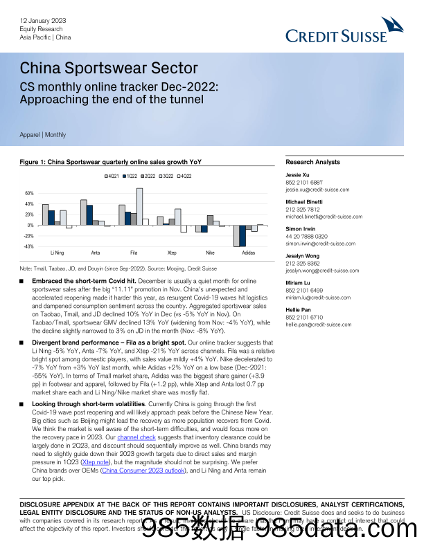 CS_China Sportswear Sector_CS monthly online tracker Dec-2022_Approaching the end of the tunnel