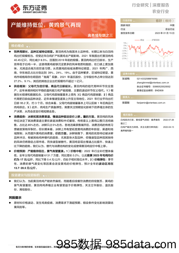 农业禽养殖专题之三：产能维持低位，黄鸡景气再现-20230115-东方证券