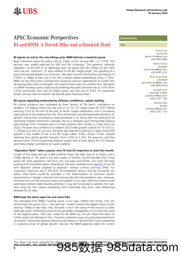 UBS Economics-APAC Economic Perspectives _BI and BNM A Dovish Hike and a