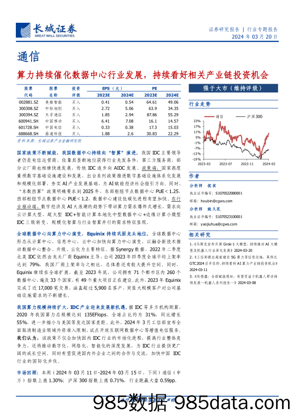 通信行业专题报告：算力持续催化数据中心行业发展，持续看好相关产业链投资机会-240320-长城证券