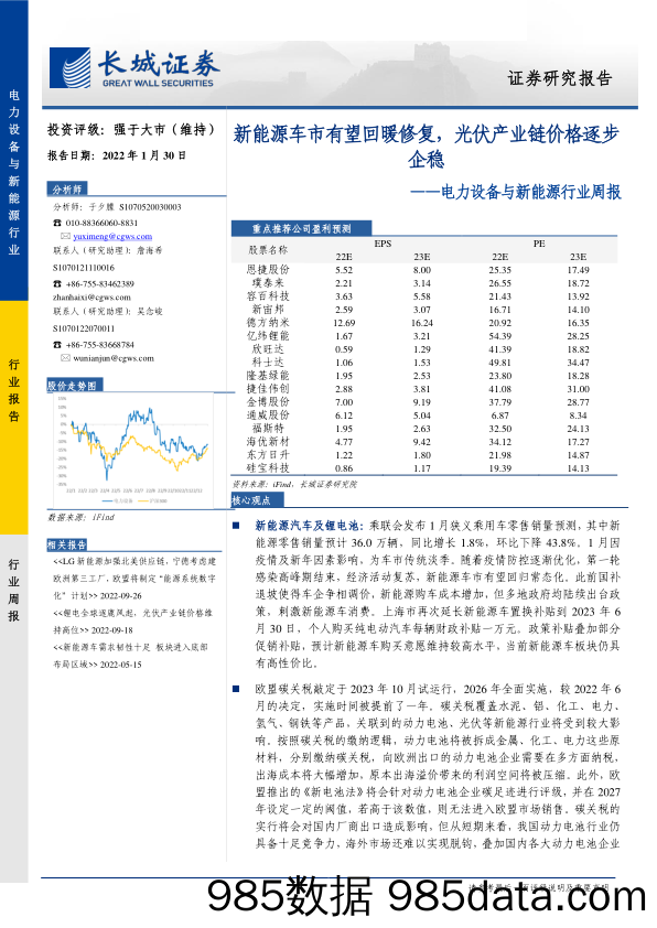 电力设备与新能源行业周报：新能源车市有望回暖修复，光伏产业链价格逐步企稳-20230130-长城证券