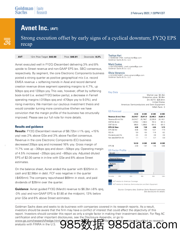 Avnet Inc. (AVT)_ Strong execution offset by early signs of a cyclical downturn; FY2Q EPS recap(1)