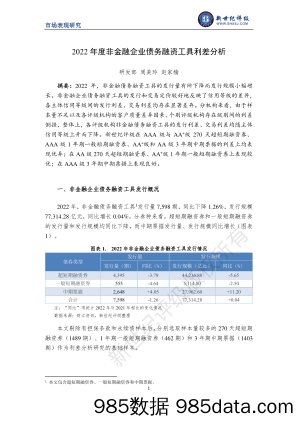 新世纪评级-2022年度非金融企业债务融资工具利差分析