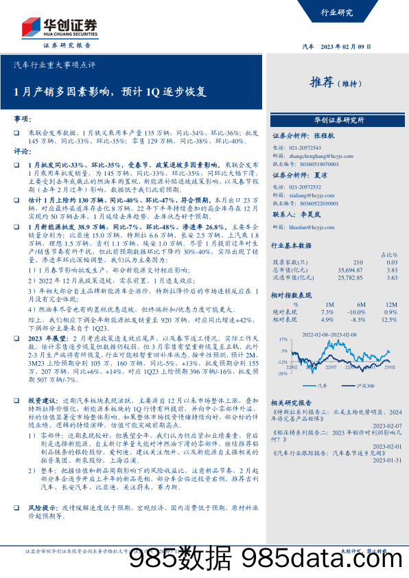 汽车行业重大事项点评：1月产销多因素影响，预计1Q逐步恢复-20230209-华创证券