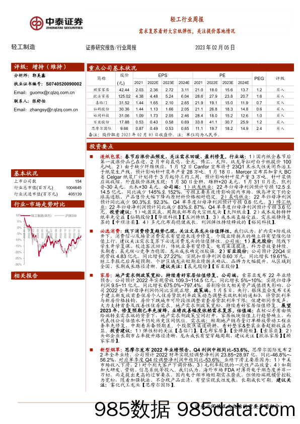 轻工制造行业周报：需求复苏看好大宗纸弹性，关注提价落地情况-20230205-中泰证券