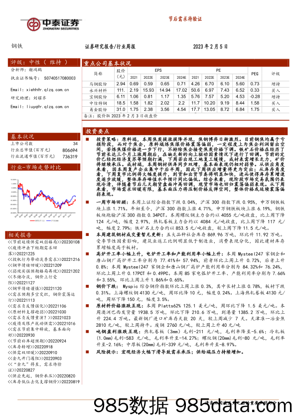 钢铁行业周报：节后需求待验证-20230205-中泰证券