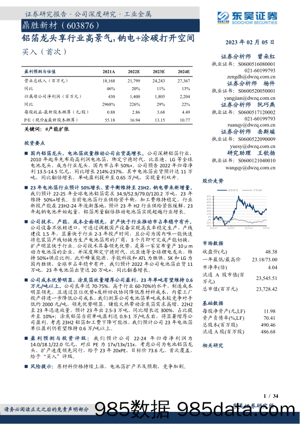 鼎胜新材(603876)铝箔龙头享行业高景气，钠电+涂碳打开空间-20230205-东吴证券