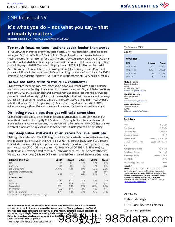 CNHI.MI-BofA Global Research-CNH Industrial NV It’s what you do – not what you say – tha