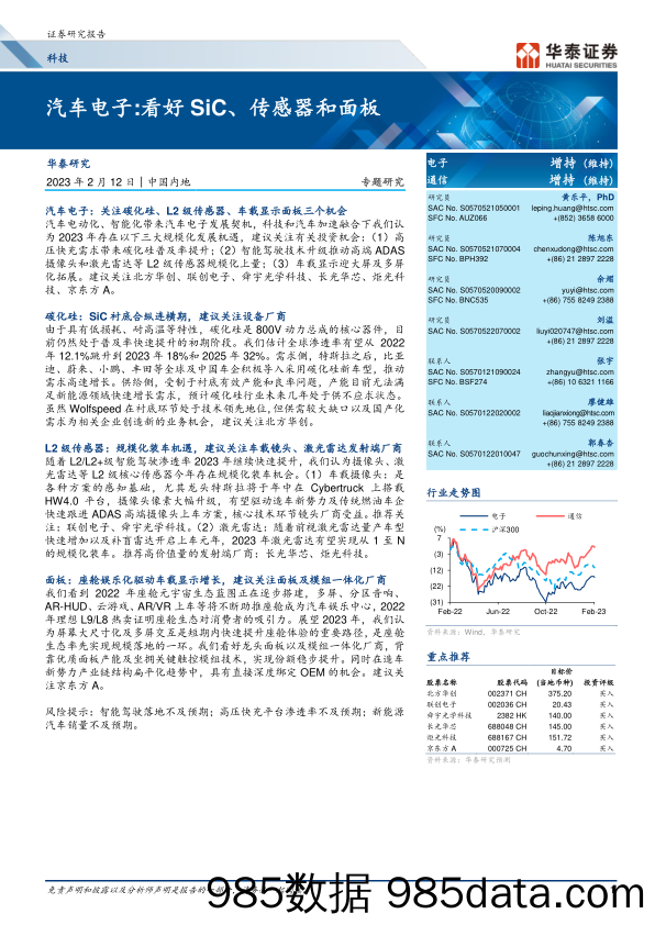 科技行业专题研究：汽车电子，看好SiC、传感器和面板-20230212-华泰证券