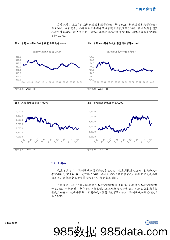 中国必需消费：HTI消费品成本指数：蔬菜价格环比提升11%，多数行业成本持平或微降-20240103-海通国际插图3