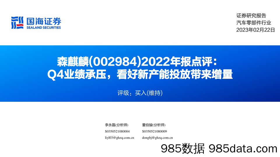 2022年报点评：Q4业绩承压，看好新产能投放带来增量-20230222-国海证券