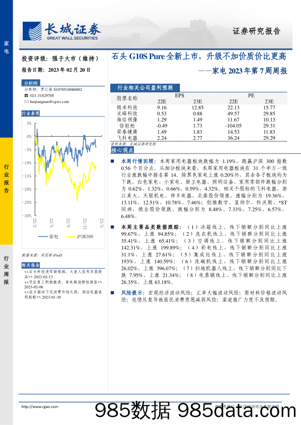 家电2023年第7周周报：石头G10SPure全新上市，升级不加价质价比更高-20230220-长城证券