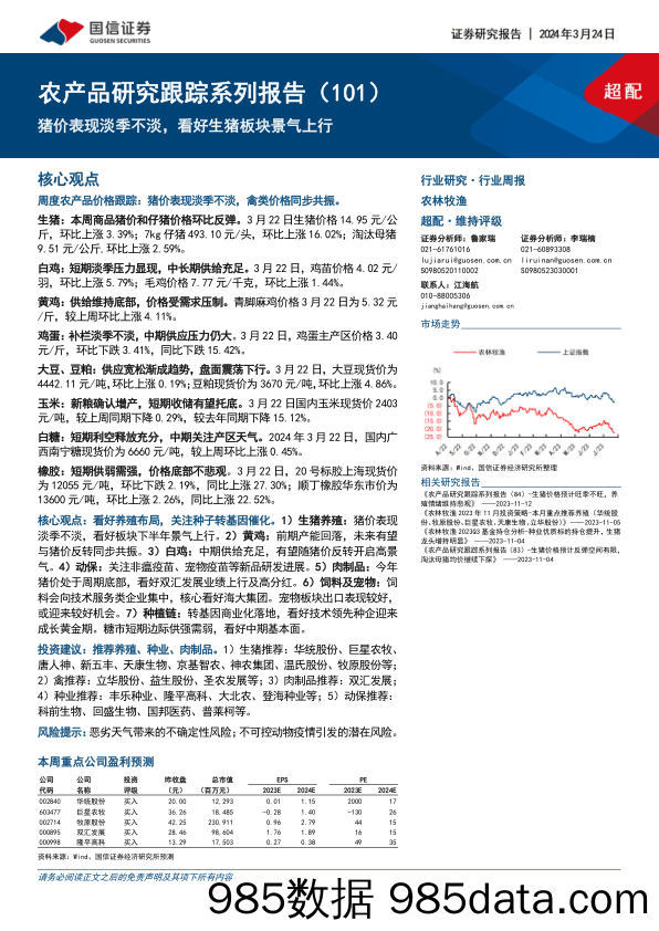 农林牧渔行业农产品研究跟踪系列报告(101)：猪价表现淡季不淡，看好生猪板块景气上行-240324-国信证券