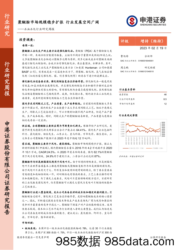 石油石化行业研究周报：聚醚胺市场规模稳步扩张 行业发展空间广阔-20230219-申港证券