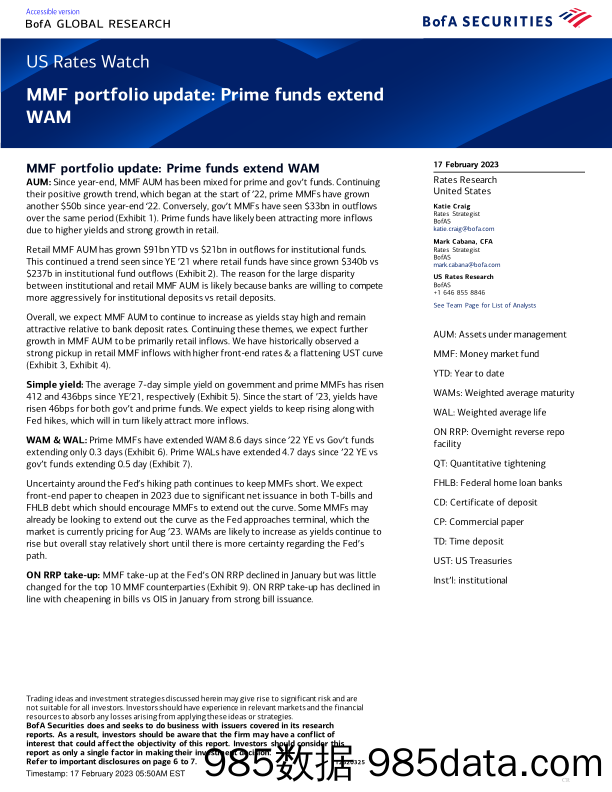 BofA Global Research-US Rates Watch MMF portfolio update Prime funds extend WAM