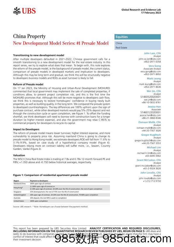 UBS Equities-China Property _New Development Model Series #1 Presale Mod