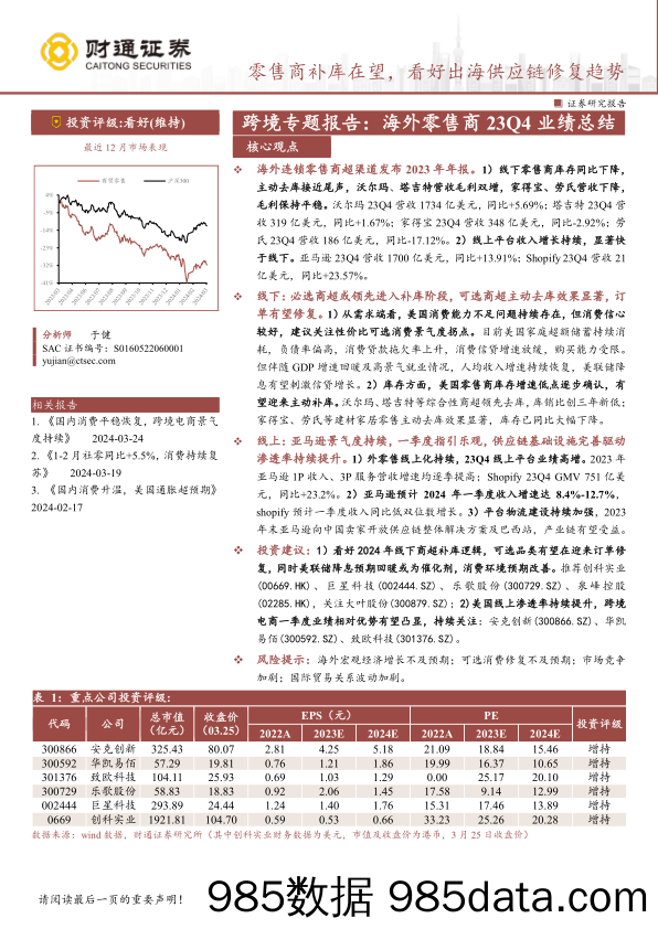 商贸零售行业跨境专题报告-海外零售商23Q4业绩总结：零售商补库在望，看好出海供应链修复趋势-240325-财通证券