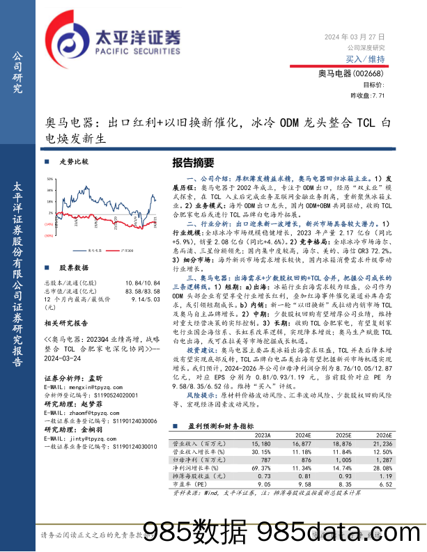 奥马电器-002668.SZ-奥马电器：出口红利+以旧换新催化，冰冷ODM龙头整合TCL白电焕发新生-20240327-太平洋