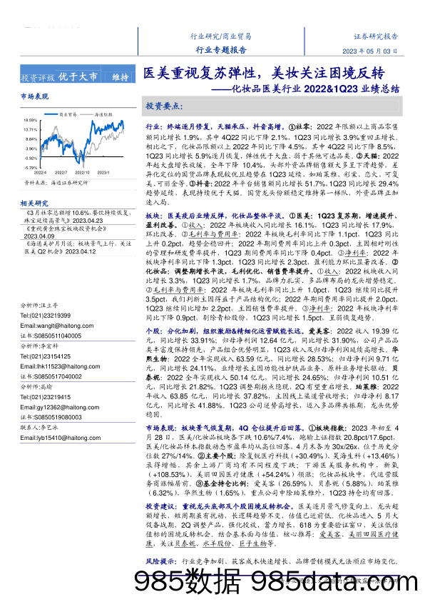 【美妆护肤报告】化妆品医美行业2022&1Q23业绩总结：医美重视复苏弹性，美妆关注困境反转-20230503-海通证券