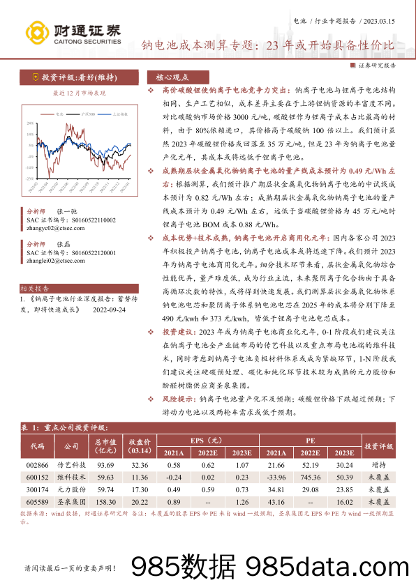 电池行业钠电池成本测算专题：23年或开始具备性价比-20230315-财通证券