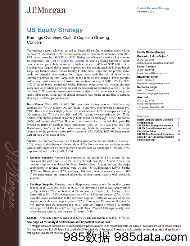 JPMorgan-US Equity Strategy  Earnings Overview, Cost of Capital a Gr