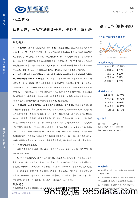 化工行业：油价大跌，关注下游价差修复、中特估、新材料-20230319-华福证券