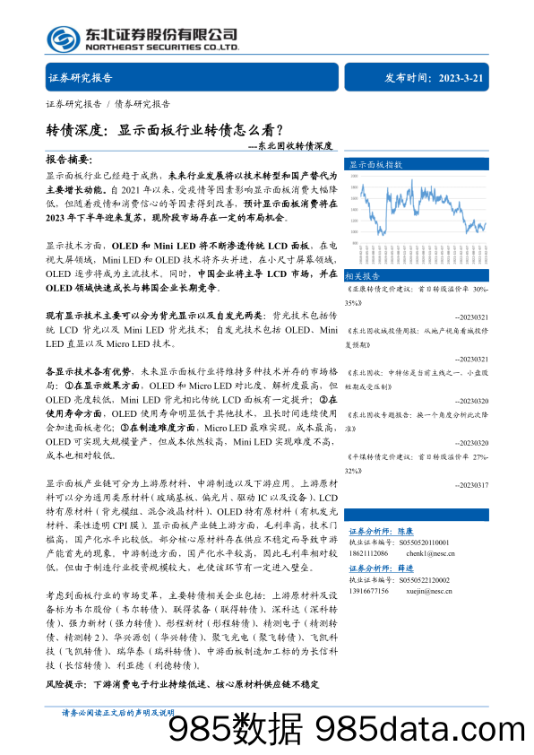 固收转债深度：转债深度，显示面板行业转债怎么看？-20230321-东北证券