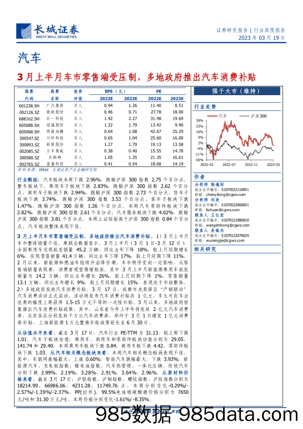 汽车行业：3月上半月车市零售端受压制，多地政府推出汽车消费补贴-20230319-长城证券