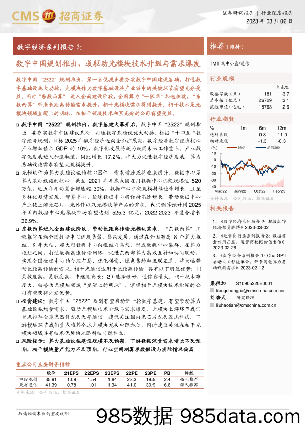 【数字化报告】通信行业数字经济系列报告3：数字中国规划推出，或驱动光模块技术升级与需求爆发-20230302-招商证券