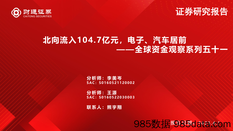 全球资金观察系列五十一：北向流入104.7亿元，电子、汽车居前-20230401-财通证券