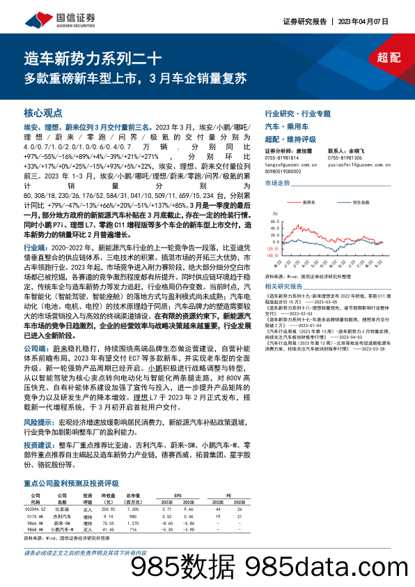 汽车行业造车新势力系列二十：多款重磅新车型上市，3月车企销量复苏-20230407-国信证券