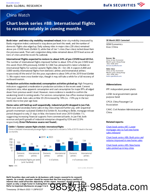 BofA Global Research-China Watch Chart book series #88 International flights to