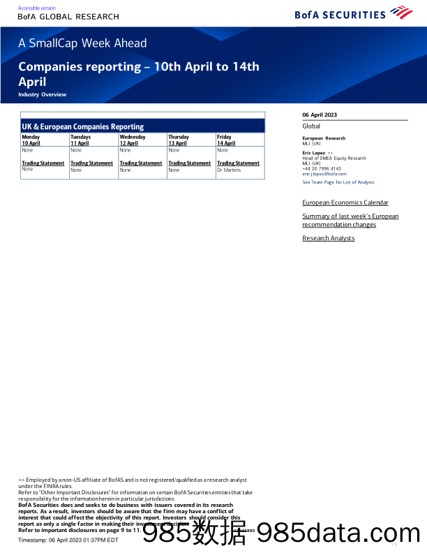 BofA Global Research-A SmallCap Week Ahead Companies reporting – 10th April to 1...-