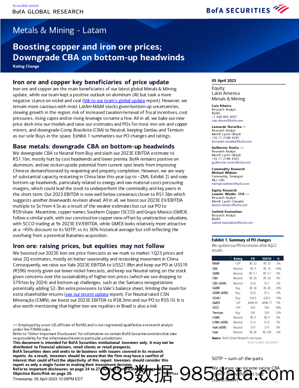 BofA Global Research-Metals  Mining - Latam Boosting copper and iron ore prices