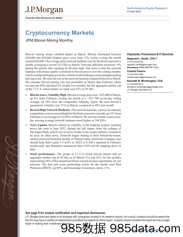 JPMorgan-Cryptocurrency Markets  JPM Bitcoin Mining Monthly