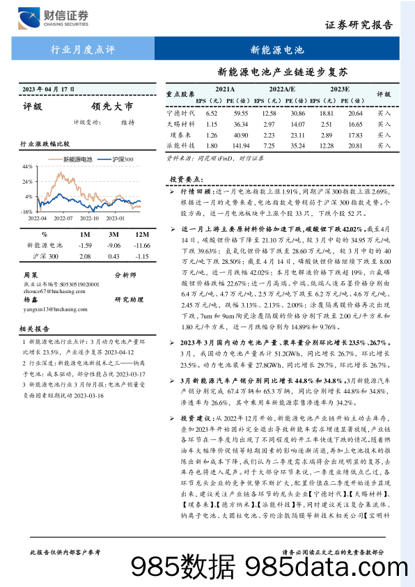 新能源电池行业月度点评：新能源电池产业链逐步复苏-20230417-财信证券