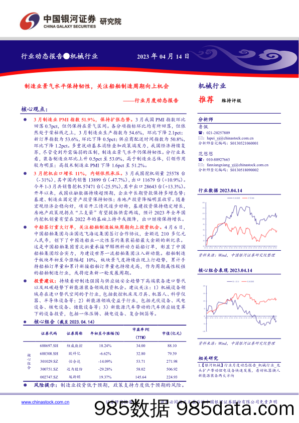 机械行业月度动态报告：制造业景气水平保持韧性，关注船舶制造周期向上机会-20230414-银河证券