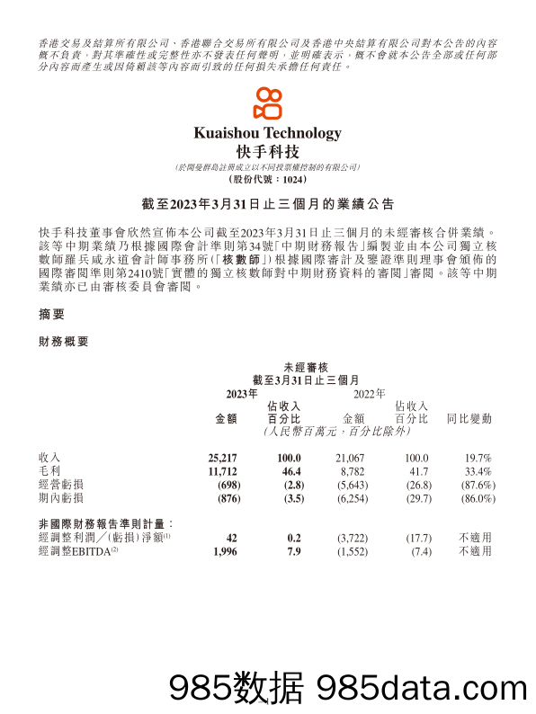 快手2023年Q1财报-英