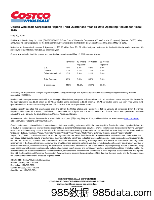 Costco-2019年Costco第三季度及年初销售业绩（英文）-2019.9