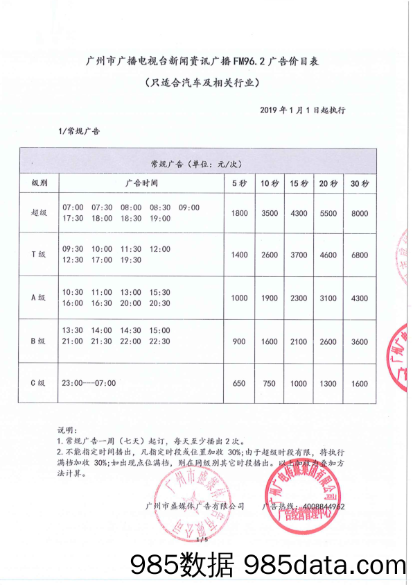 2019年广州新闻FM96.2汽车行业刊例价