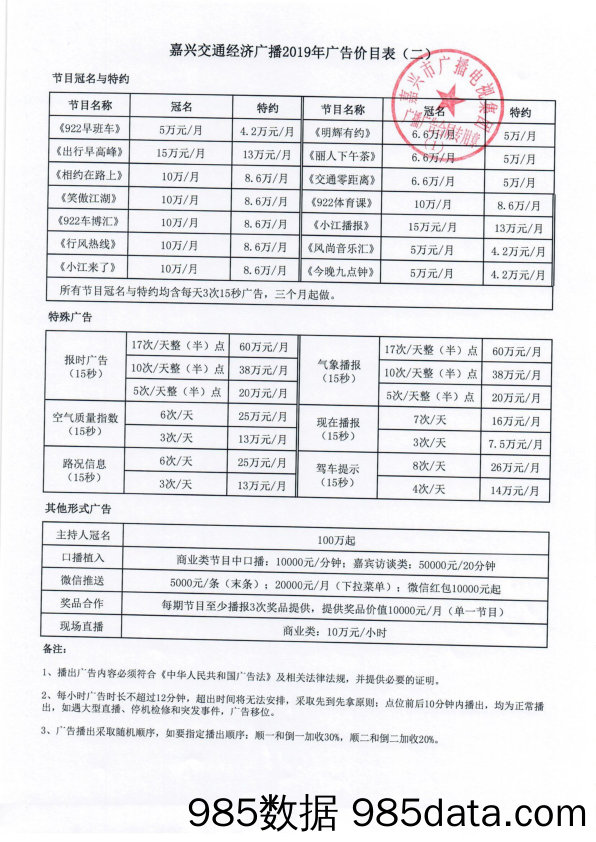 2019年嘉兴交通、新闻、音乐电台刊例、节目表扫描件插图1